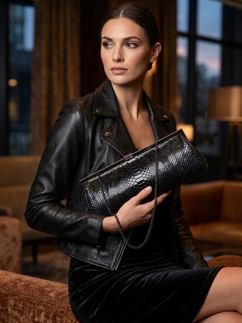 Danier Black Snakeskin Embossed Leather Framed Evening Clutch NWOT